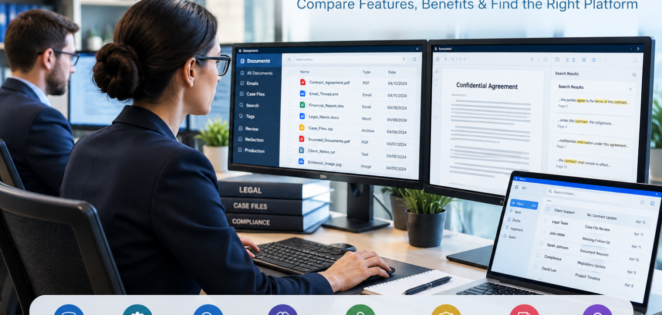 Document Review Tools Workspace Legal professionals using document review software to analyze case files, emails, and digital documents.