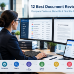 Legal professionals using document review software to analyze case files, emails, and digital documents.