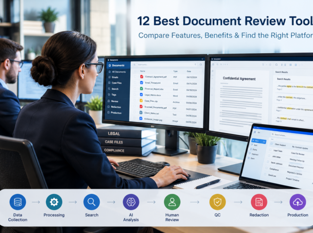Legal professionals using document review software to analyze case files, emails, and digital documents.